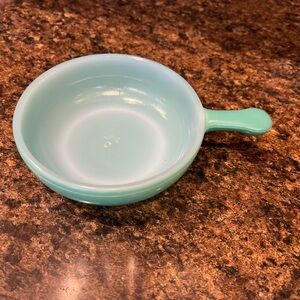 Vintage Glasbake Small Bowl w/ Handle Green #J2102  23 MADE IN USA